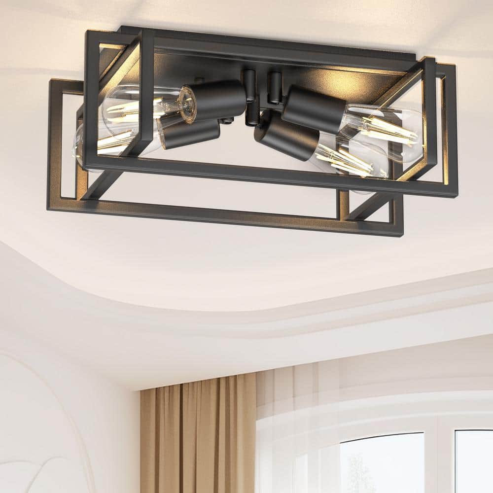 11.41 in. 4-Light Industrial Caged Flush Mount , Metal Black Square Ceiling Light Fixtures for Kitchen Island - Hercitys
