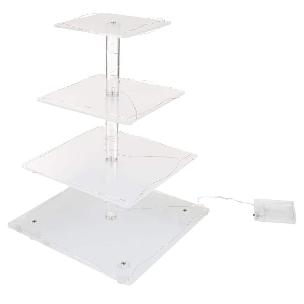 4-Tier Clear Acrylic Square Cupcake Display and Cake Stand with Yellow LED Lights - Hercitys