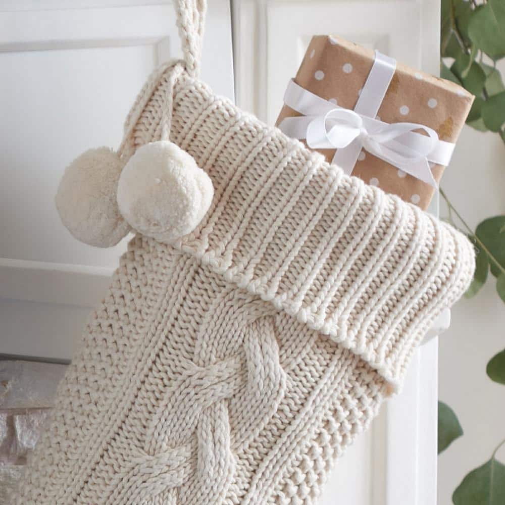 19 in. Gray/White Knitted Cotton Nutmeg Christmas Stocking with Pom Pom Tassels (2-Pack) - Hercitys