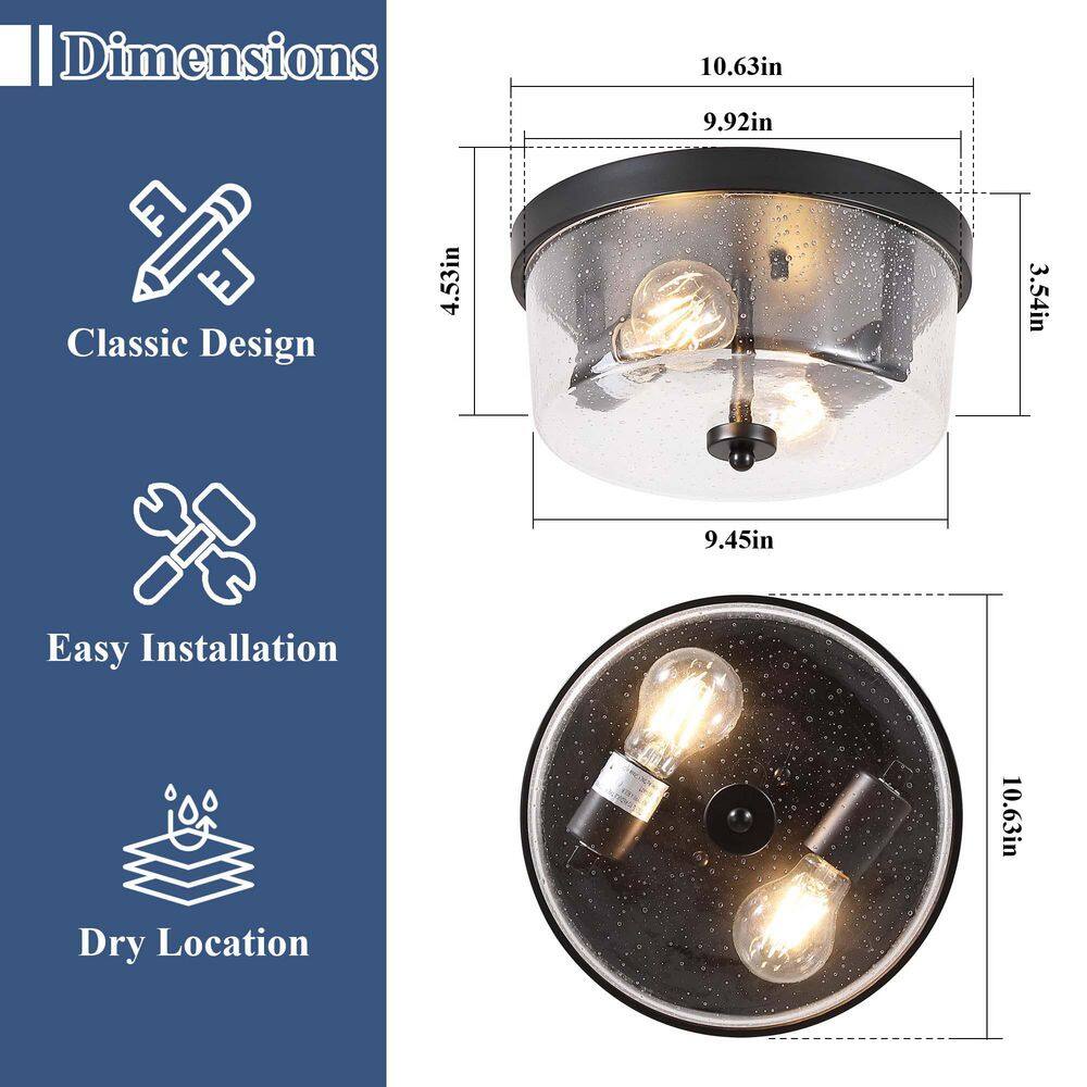 10.63 in. 2-Light Black Farmhouse Flush Mount with Seeded Glass Shade and No Bulbs Included (2-Pack) - Hercitys