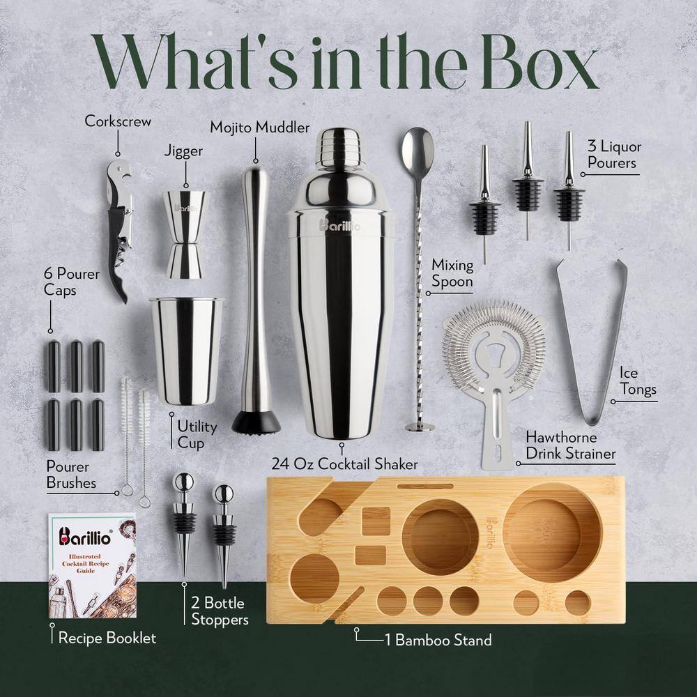 23-Piece 24 oz. Silver Stainless Steel Cocktail Shaker Set with Bamboo Stand, Drink Shaker, Mixer Spoon and Muddler - Hercitys