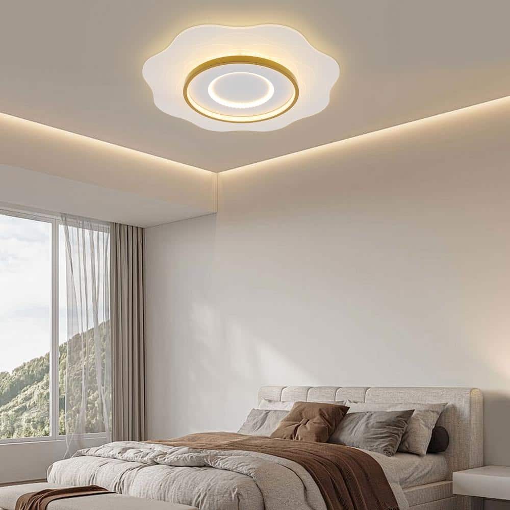 23.62 in. 1-Light White Modern Creative Wave Design Dimmable Selectable LED Flush Mount Ceiling Light with Remote - Hercitys