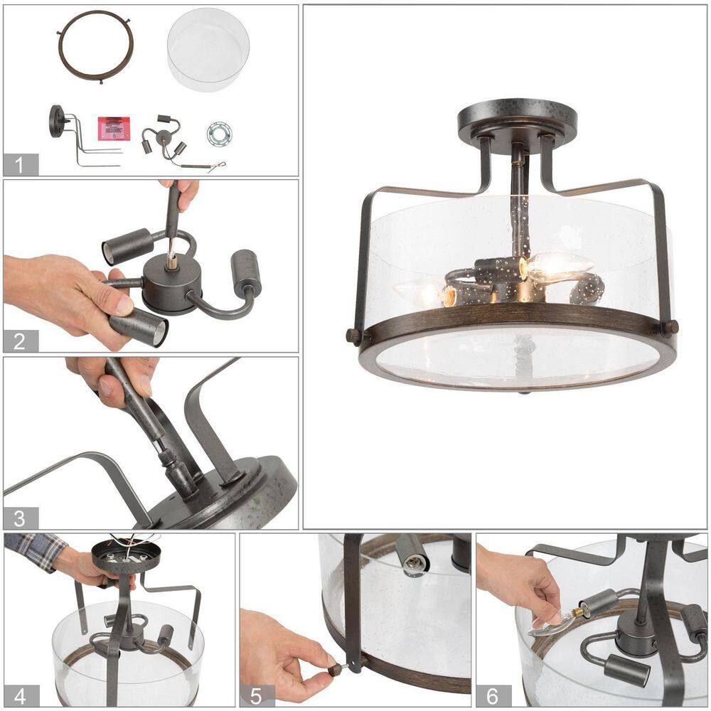 14 in. 3-Light Black Semi-Flush Mount Ceiling Light with Seeded Glass Shade - Hercitys