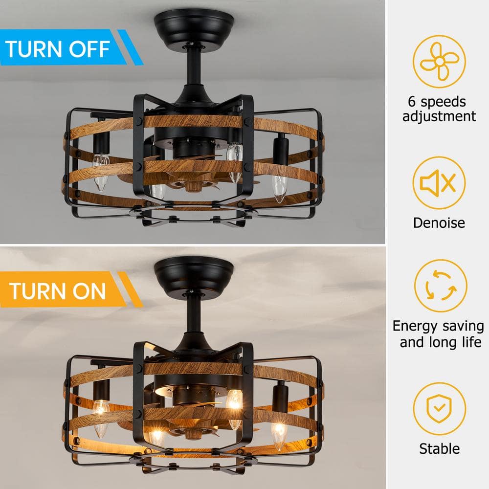 20 in. 4-Light Indoor Farmhouse Black Caged Ceiling Fan with Light Wood Grain Enclosed Ceiling Fan with Remote - Hercitys