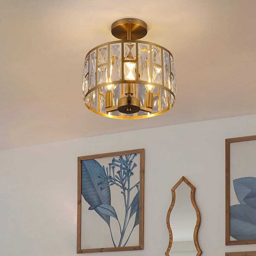 12 in. 3-Light Round Modern Gold Drum Semi Flush Mount Ceiling Light with Clear Crystal Glass - Hercitys