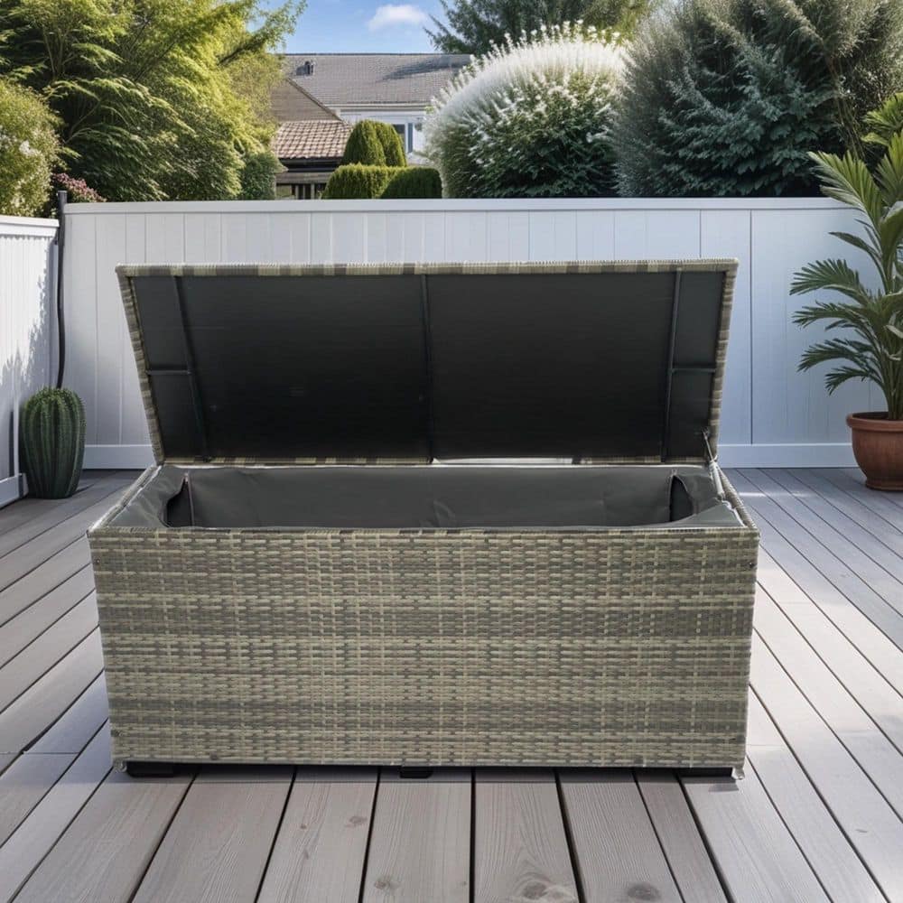 113 Gal. Wicker Deck Box with Lid, Waterproof Outdoor Storage Organizer Shed Bin for Patio Cushions Pillows Toys - Hercitys