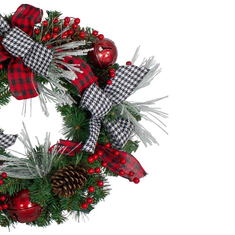 24 in. Red Unlit Plaid and Houndstooth and Red Berries Artificial Christmas Wreath - Hercitys
