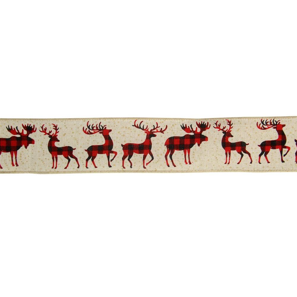 2.5 in. x 16 yds. Buffalo Plaid Deer and Sparkle Burlap Style Wired Craft Ribbon - Hercitys