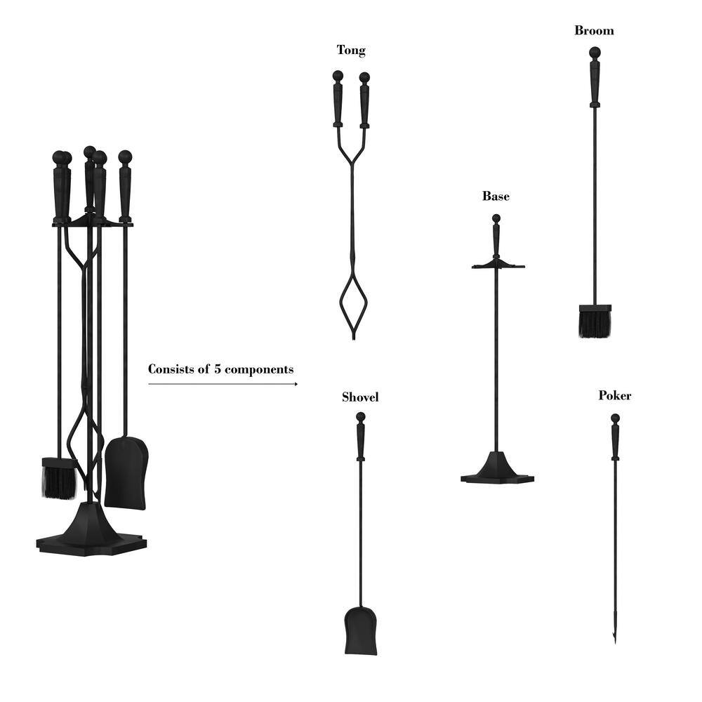 5-Piece Wrought Iron Fireplace Tool Set with Stand, Broom, Dustpan, Poker and Tongs in Matte Black - Hercitys