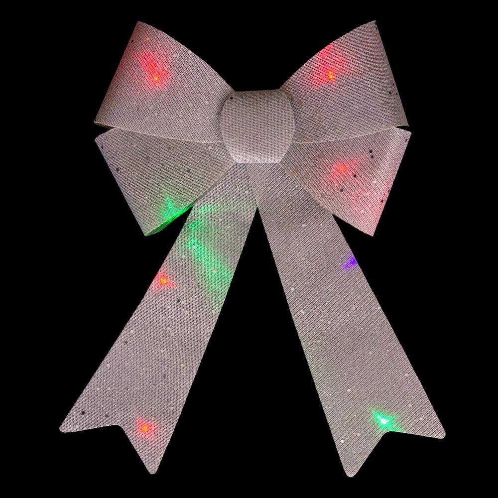 11 in. W LED Lighted Silver Burlap Christmas Bow Decoration with Color Changing Lights - Hercitys