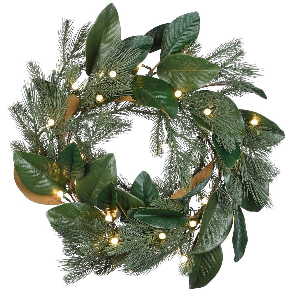 24 in. Magnolia Mix Pine Artificial Christmas Wreath with 35 Battery Operated LED Lights - Hercitys