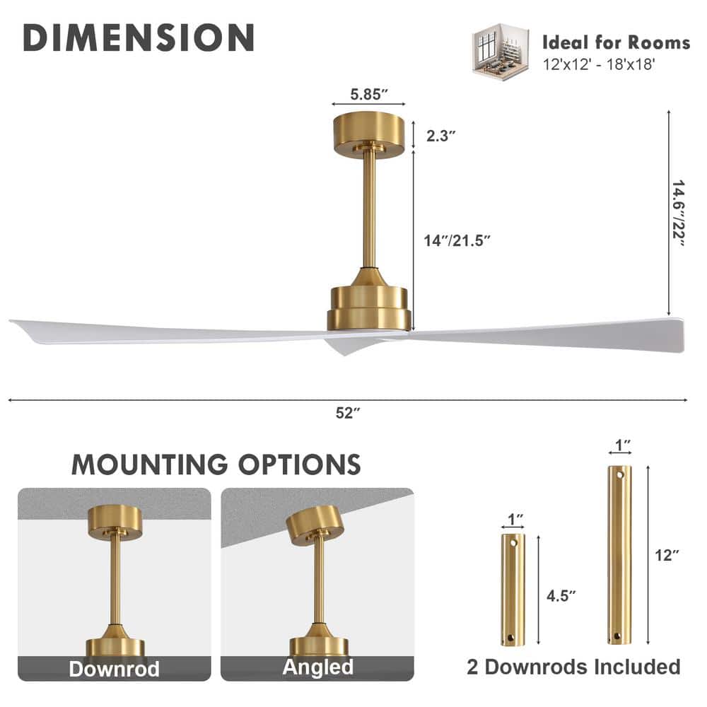 52 in. 3-Blades 6 Fan Speeds Matte Gold and White Ceiling Fan Without Light - Hercitys