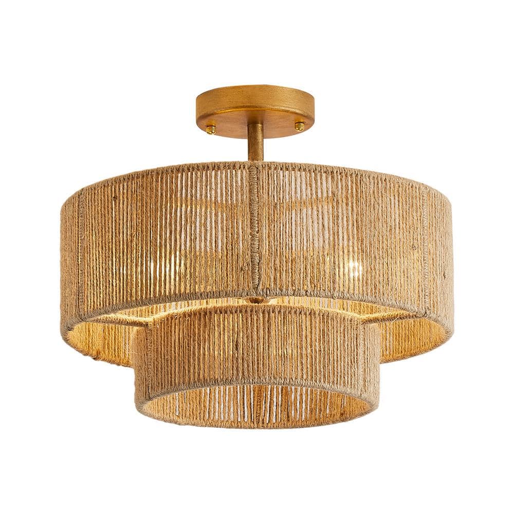 15.4 in. 3-Light Bohemian Antique Gold Two-Tier Drum Semi- Flush Mount with Natural Jute Rope Shade - Hercitys