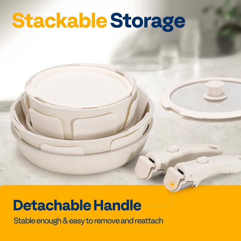 17-Piece Cream Ceramic Nonstick Cookware Set with Removable Handles - Hercitys