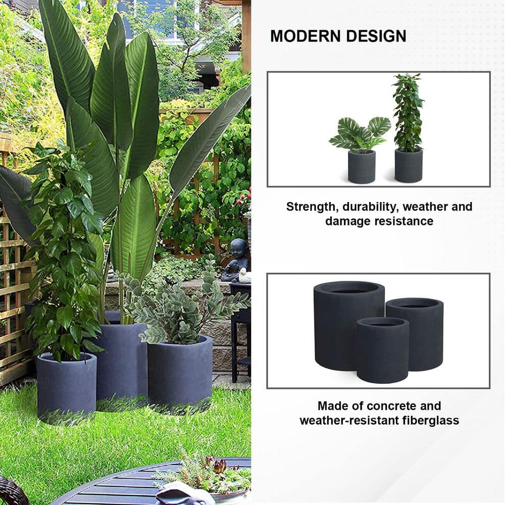 15.8 in., 12.6 in. and 9.8 in. Tall Charcoal Lightweight Concrete Outdoor Modern Cylindrical Planters (Set of 3) - Hercitys