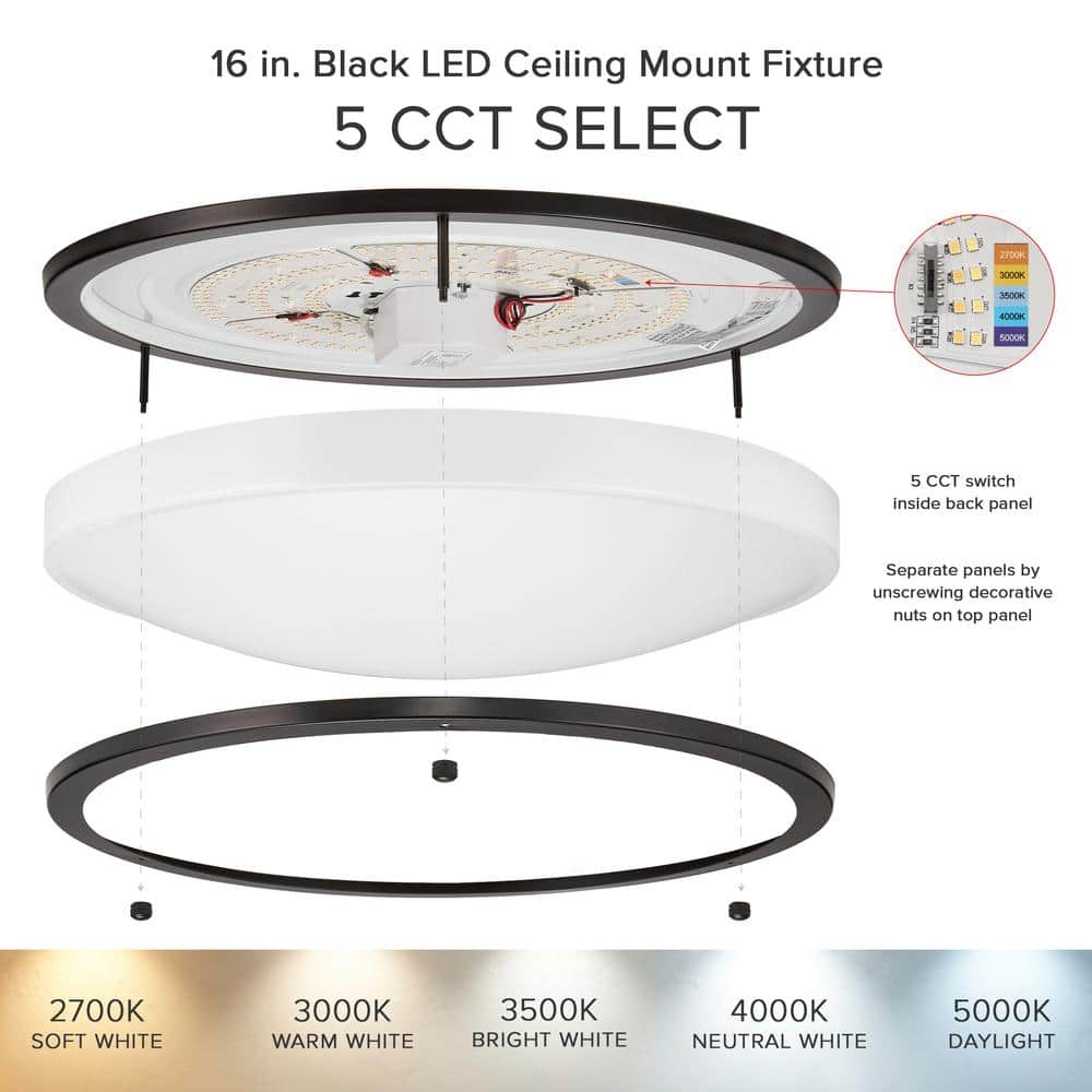 16 in. Black LED Ceiling Mount Fixture, 5 CCT 2700K-5000K, 3600 Lumens, Dimmable - Hercitys