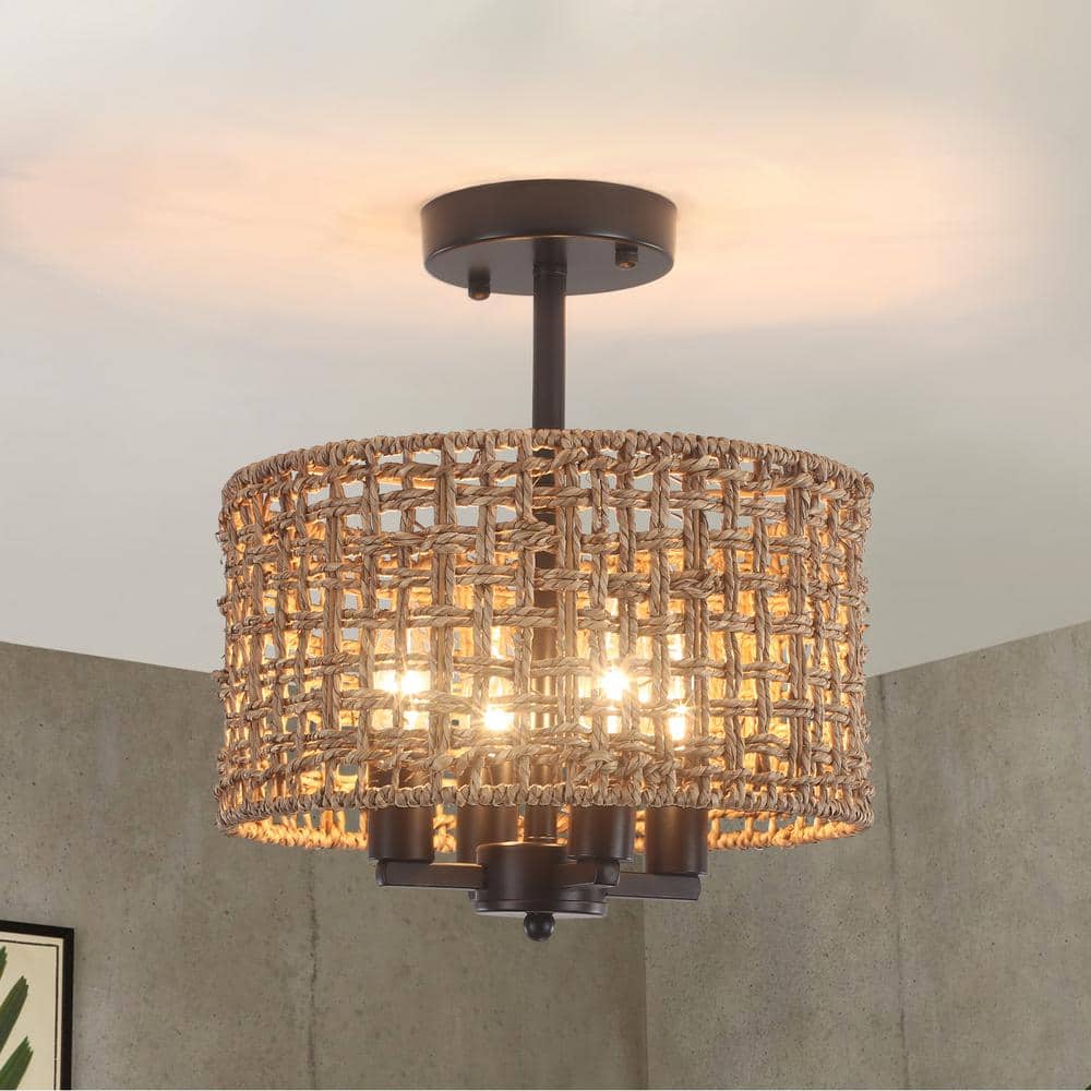 11.8 in. 4-Light Black Farmhouse Drum Semi-Flush Mount Ceiling Light Fixture with Hand Woven Shade - Hercitys