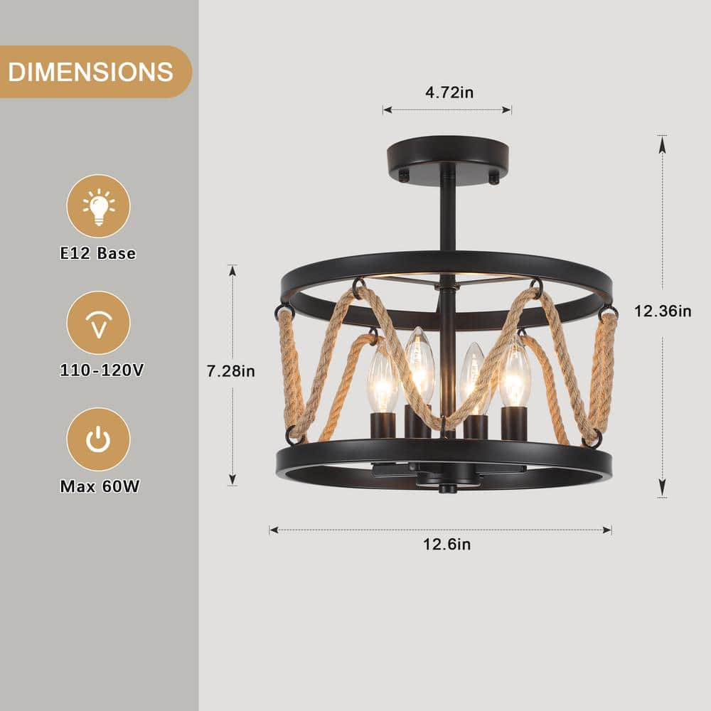 12.6 in. 4-Light Black Drum Metal Hemp Rope Candlestick Semi- Flush Mount Light with No Bulbs Included - Hercitys