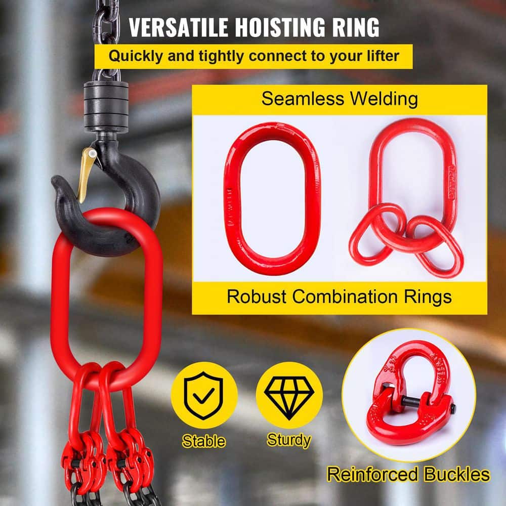 5 ft. Hoist Chain Sling 5/16 in. Engine Lift Chain G80 Alloy Steel 3-Ton with 4 Leg Grab Hooks and Adjuster - Hercitys