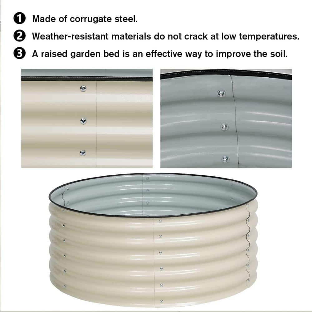 42 in. W x 17 in. H Beige Round Galvanized Metal Raised Garden Bed Ground Modular Planter Box - Hercitys