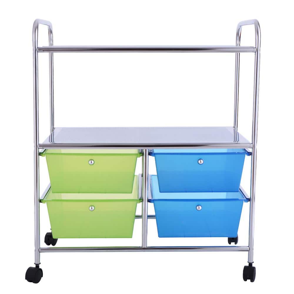 3-Tier Metal 4-Wheeled Rolling Storage Cart Rack Shelf with 4 Drawers in Blue and Green - Hercitys