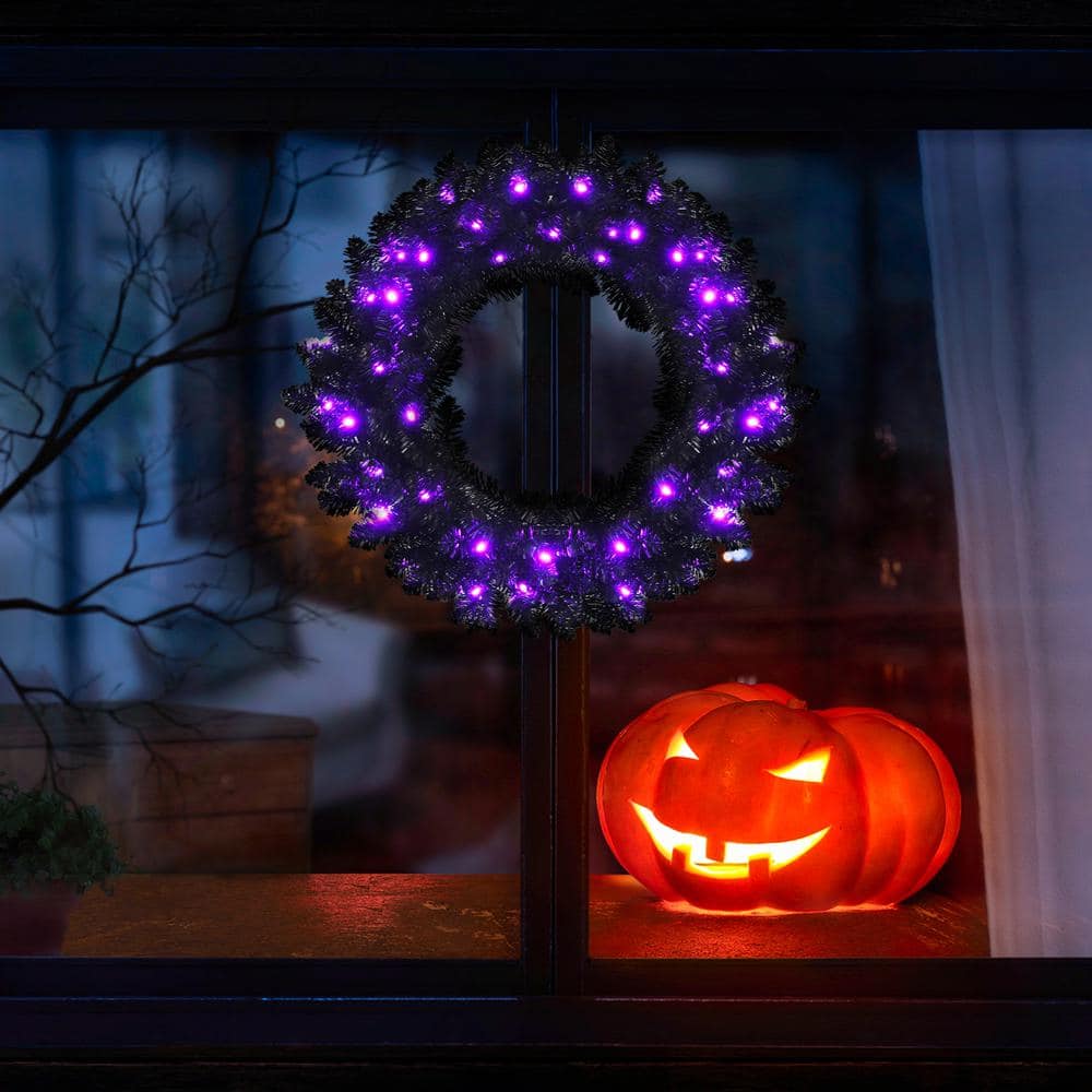 24 in. Black PreLit Artificial Christmas Wreath Halloween Wreath with 35 Purple LED Lights - Hercitys