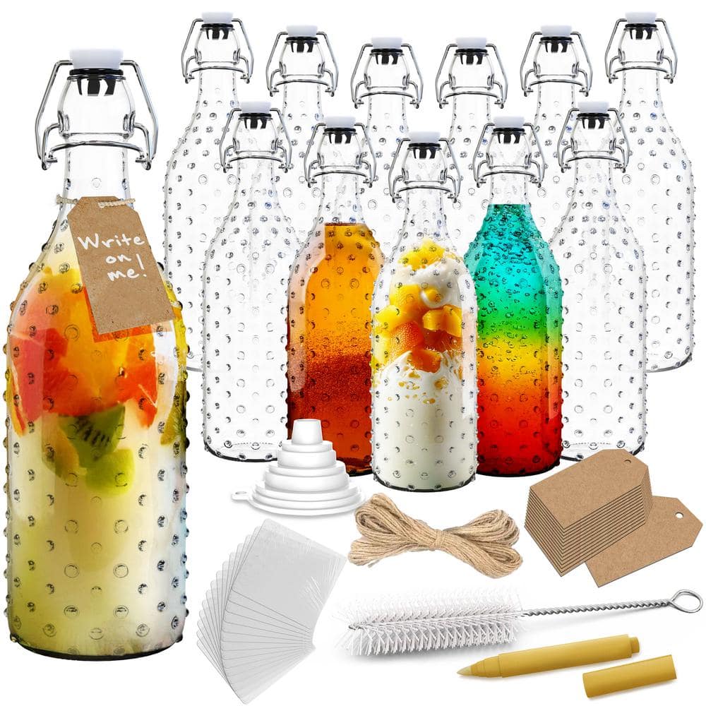 17 oz. Dotted Round Swing Top Glass Bottles with Funnel, Bottle Brush and Glass Marker (Set of-12) - Hercitys