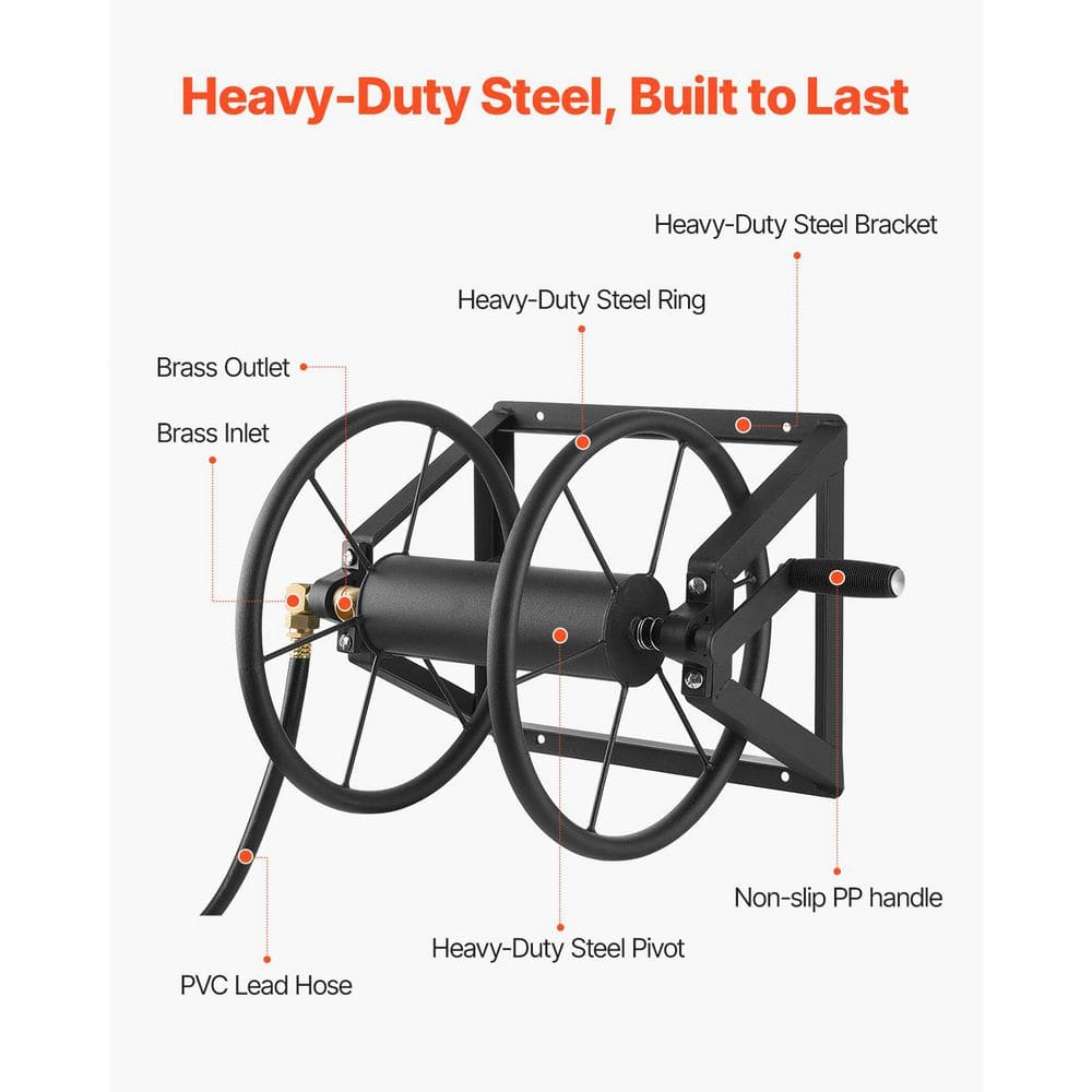 5/8 in. Dia x 200 ft. Duty Rating in Heavy-Duty Wall Mounted Garden Hose Reel (1-Pack) Steel Manual Winder - Hercitys