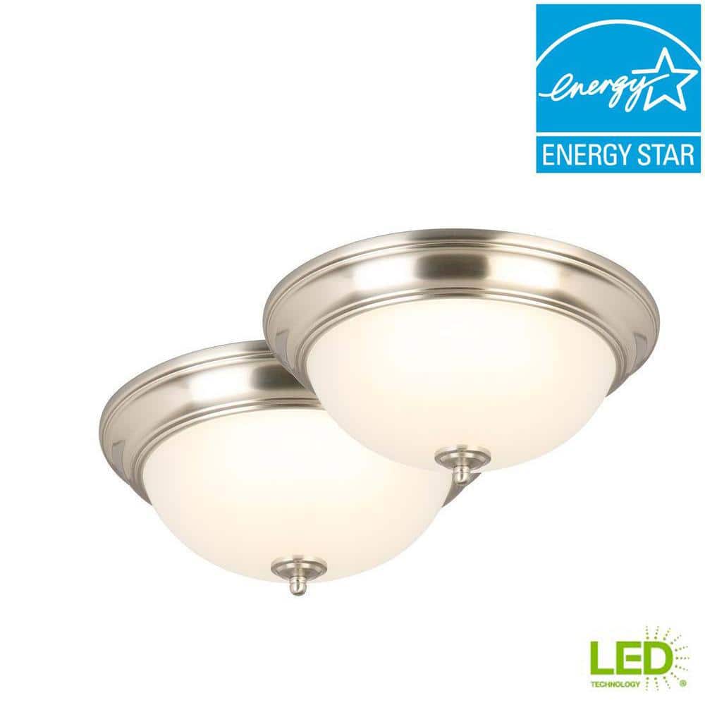 13 in. 180-Watt Equivalent Brushed Nickel Integrated LED Flush Mount with Frosted Glass Shade (2-Pack) - Hercitys