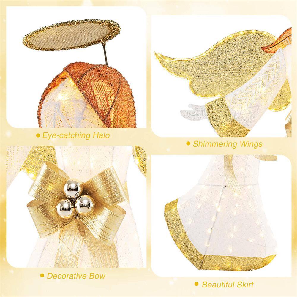 5.2 ft. White Fabric Christmas Lighted Angel with Halo & Bow Zip Ties and Ground Stakes 180 LED Lights - Hercitys