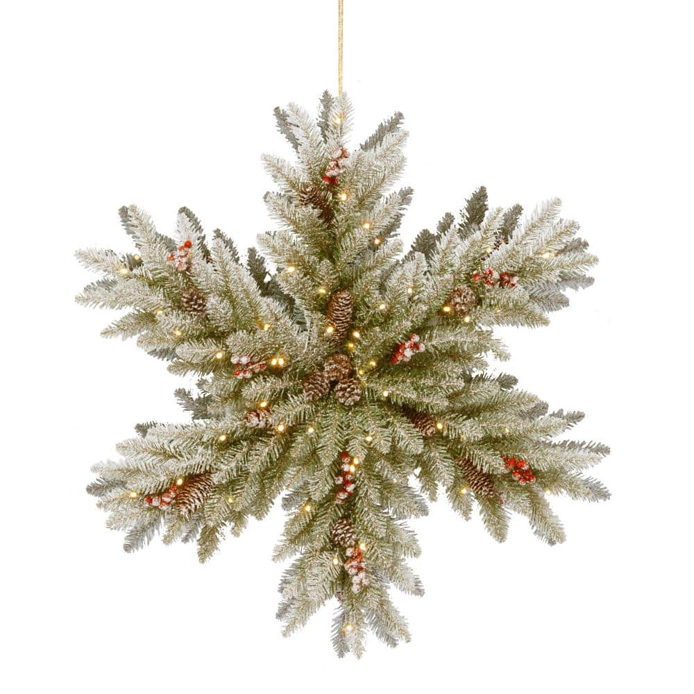 32 in. Snowy Dunhill Fir Double-Sided Snowflake with Battery Operated LED Lights - Hercitys