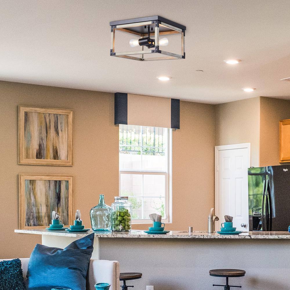 12 in. 2-Light Wood Grain Rustic Industrial Flush Mount - Hercitys