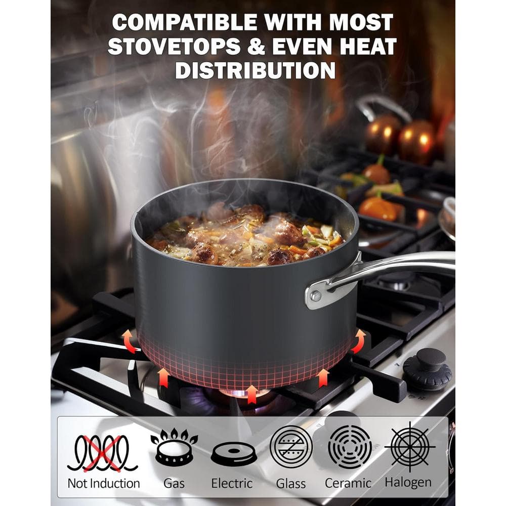 3 qt. Hard-Anodized Aluminum Nonstick Sauce Pan in Black with Glass Lid - Hercitys