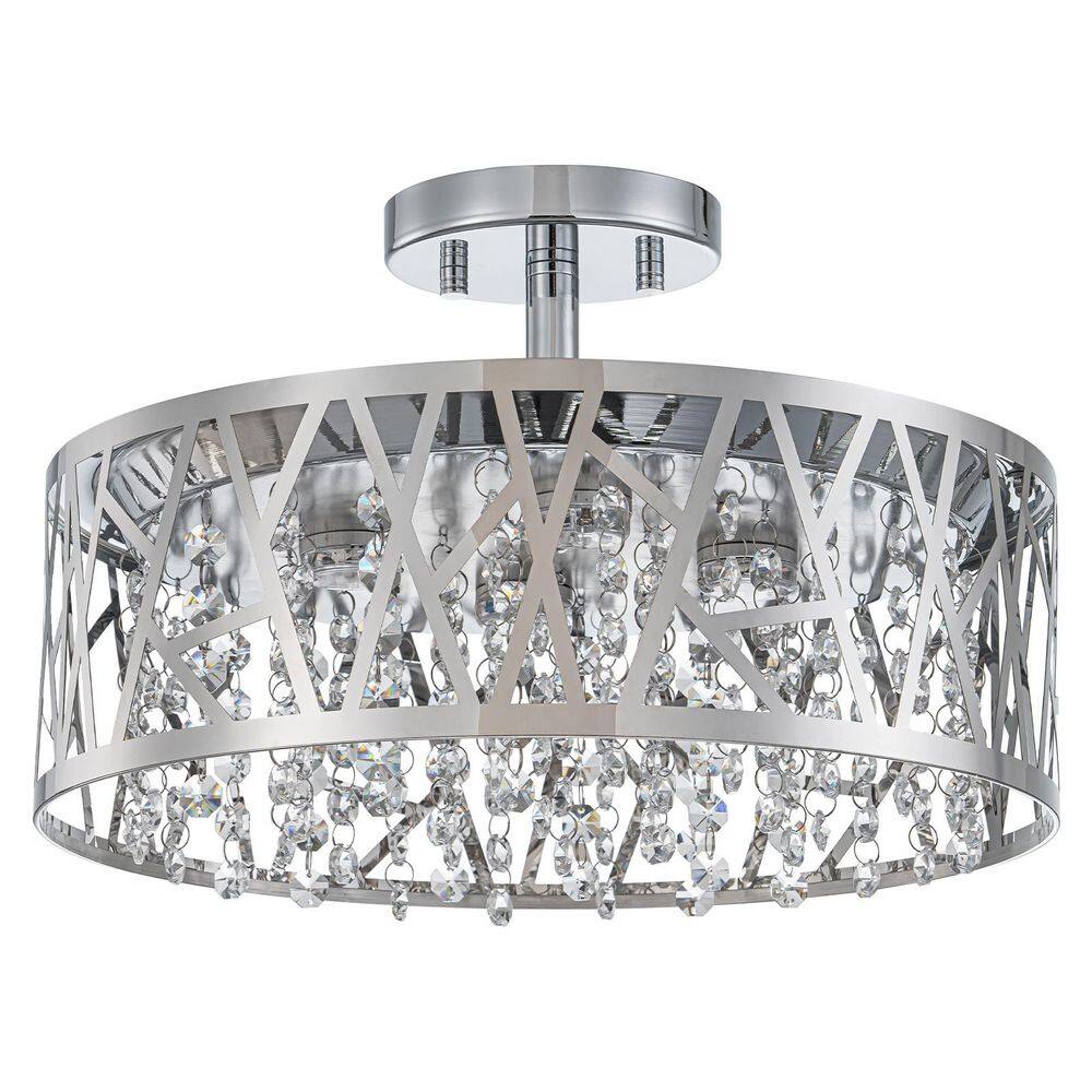 13.78 in. 1-Light Modern Chrome Round Dimmable LED Semi-Flush Mount Ceiling Light with Beaded Drum Crystal Shade - Hercitys