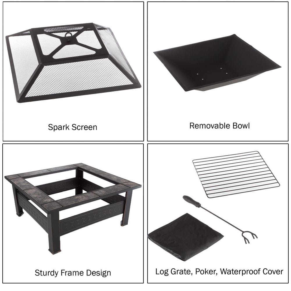 32 in. Steel Square Tile Fire Pit with Cover - Hercitys