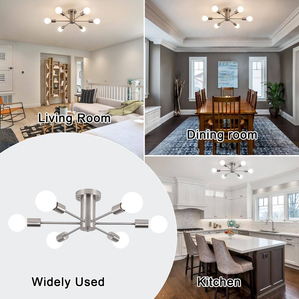 21.84 in. 6-Light Nickel Sputnik Transitional Flush Mount Ceiling Lights - Hercitys