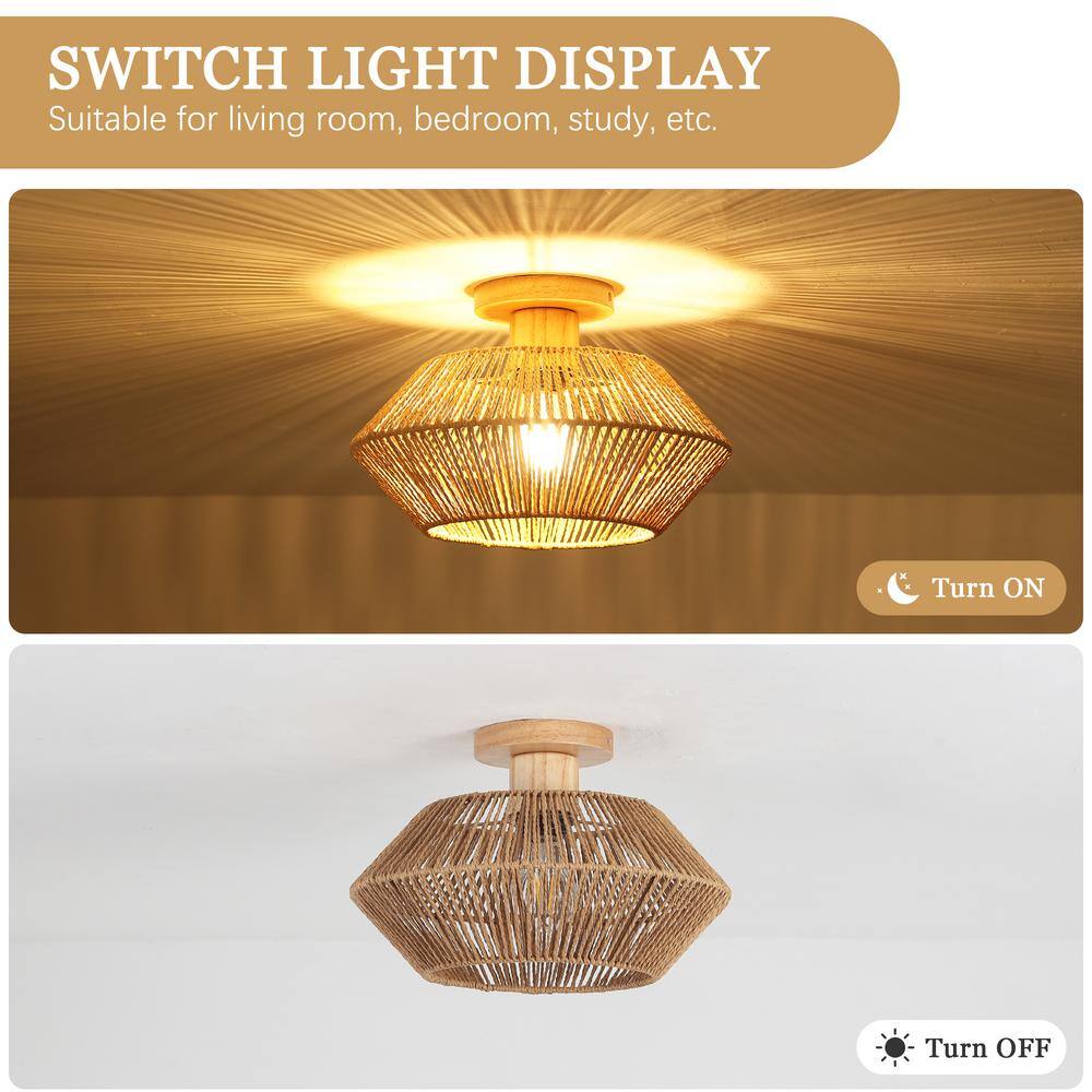 12.6 in. 1-Light Rustic Brown Wooden Semi-Flush Mount Light with Imitation Hemp Rope Shade and No Bulbs Included - Hercitys