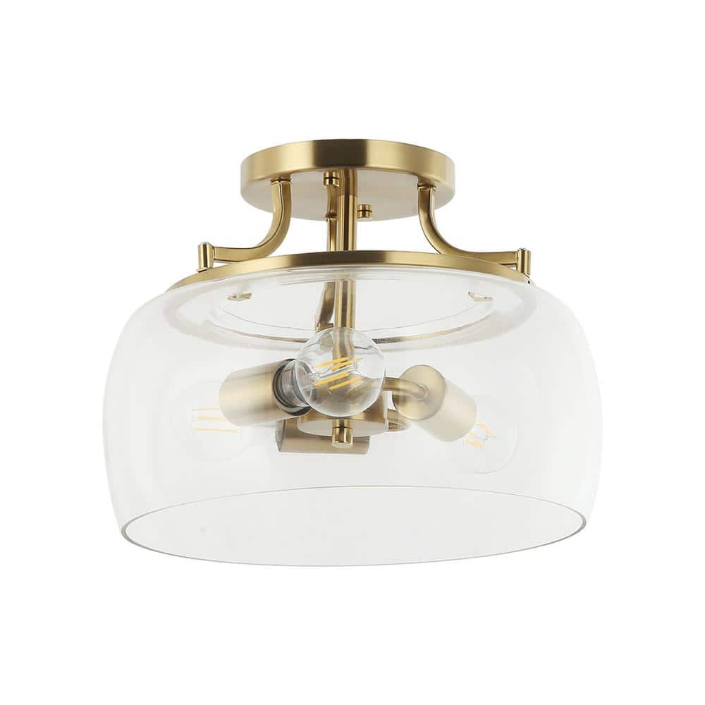 13 in. 3-Light Brass Gold Semi-Flush Mount Ceiling Light Fixture with Clear Glass Shade - Hercitys