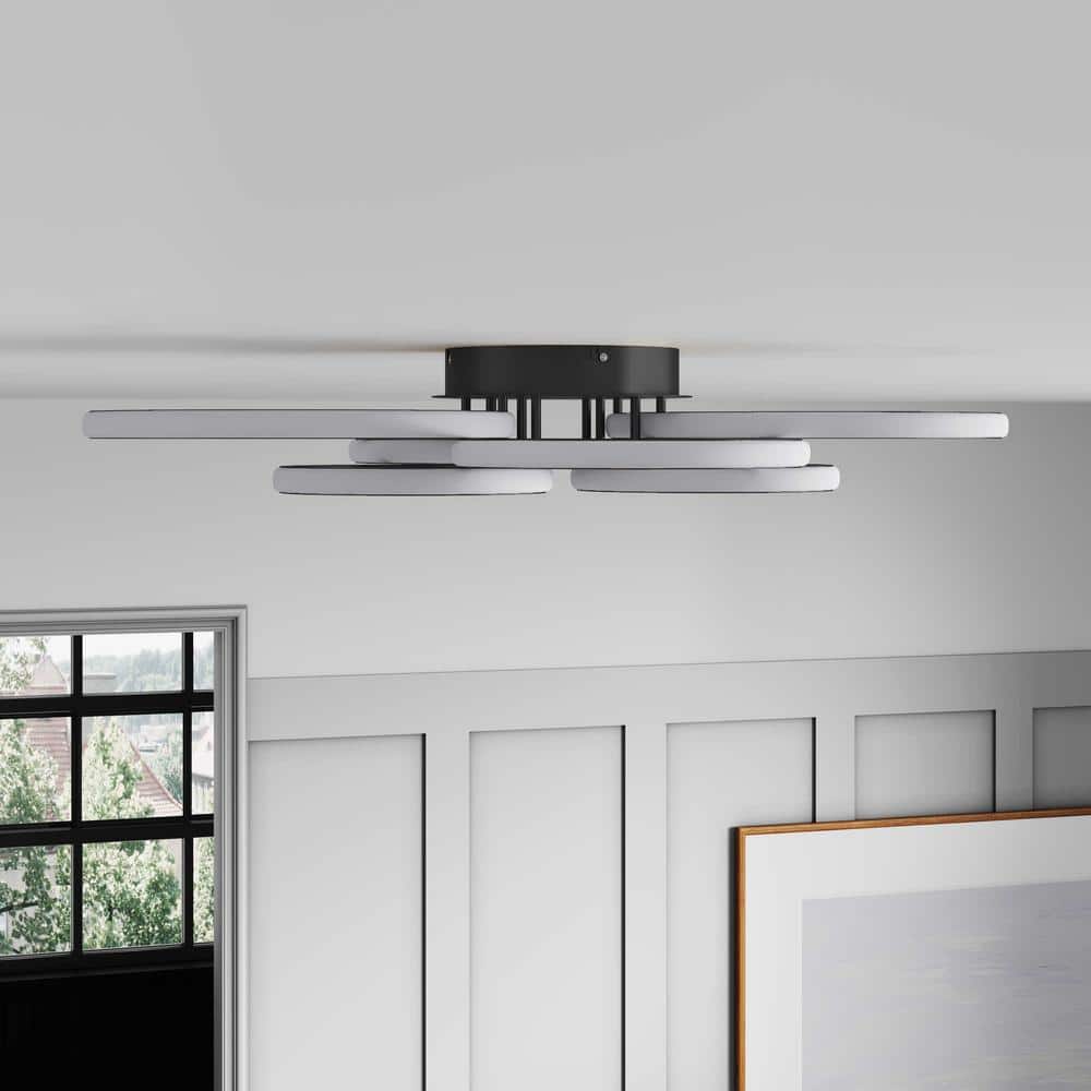 31.49 in. 6-Light Modern Black 40-Watt Integrated LED Flush Mount 6-Rings Circle Close to Ceiling Light - Hercitys