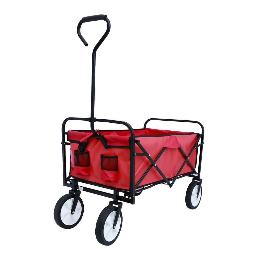 3.6 cu. ft. Folding Wagon Steel Garden Cart With Mesh Pocket Red - Hercitys