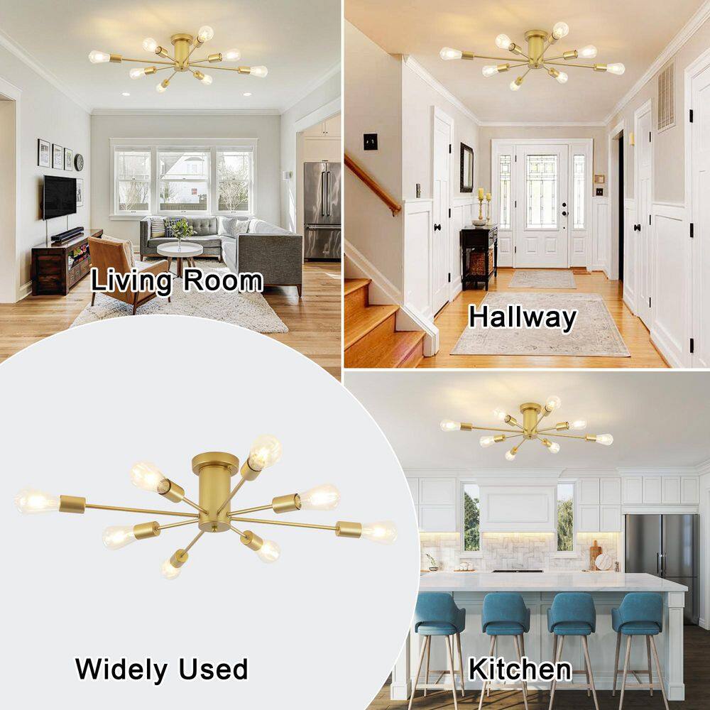 30.07 in. 8-Light Gold Sputnik Transitional Flush Mount Ceiling Lights - Hercitys