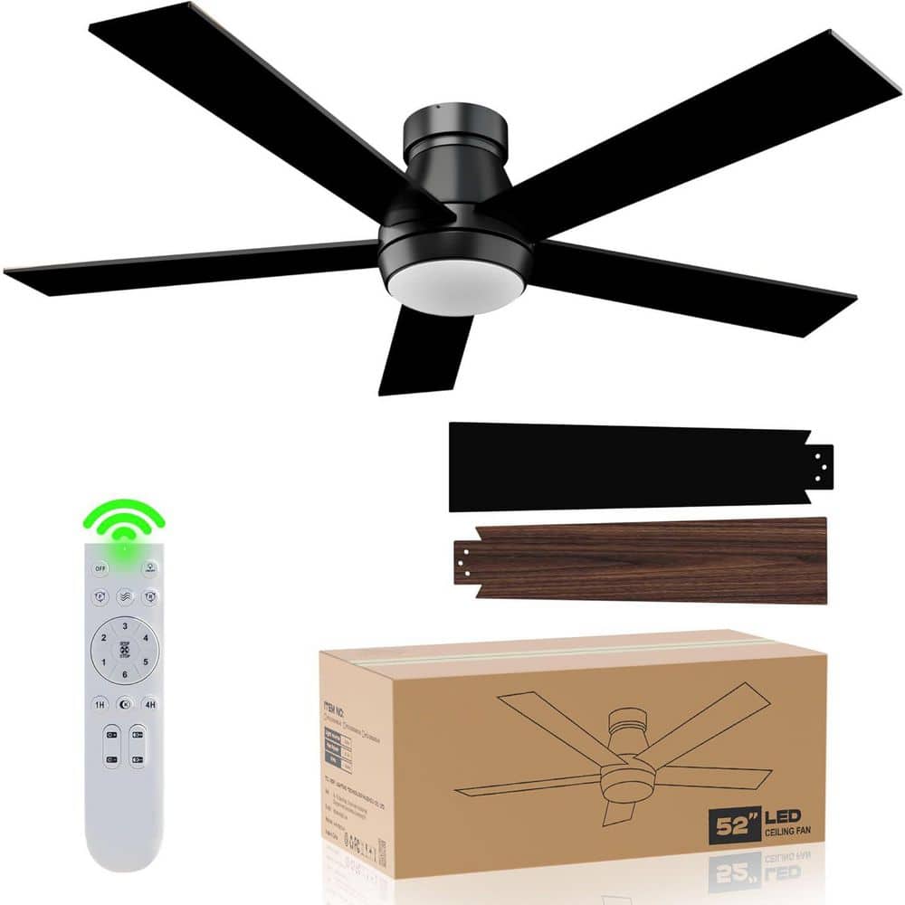 52 in. Dimmable LED Indoor/Outdoor Black Ceiling Fan with Light and Remote, 5 Blades, 6 Speeds DC Reversible, Noiseless - Hercitys