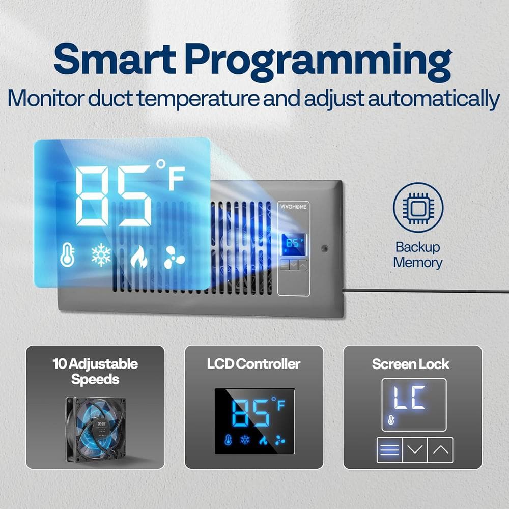 4 in. x 12 in. 120 CFM Wall Mounted Quiet Smart Register Booster Fan with Thermostat Control in Gray - Hercitys