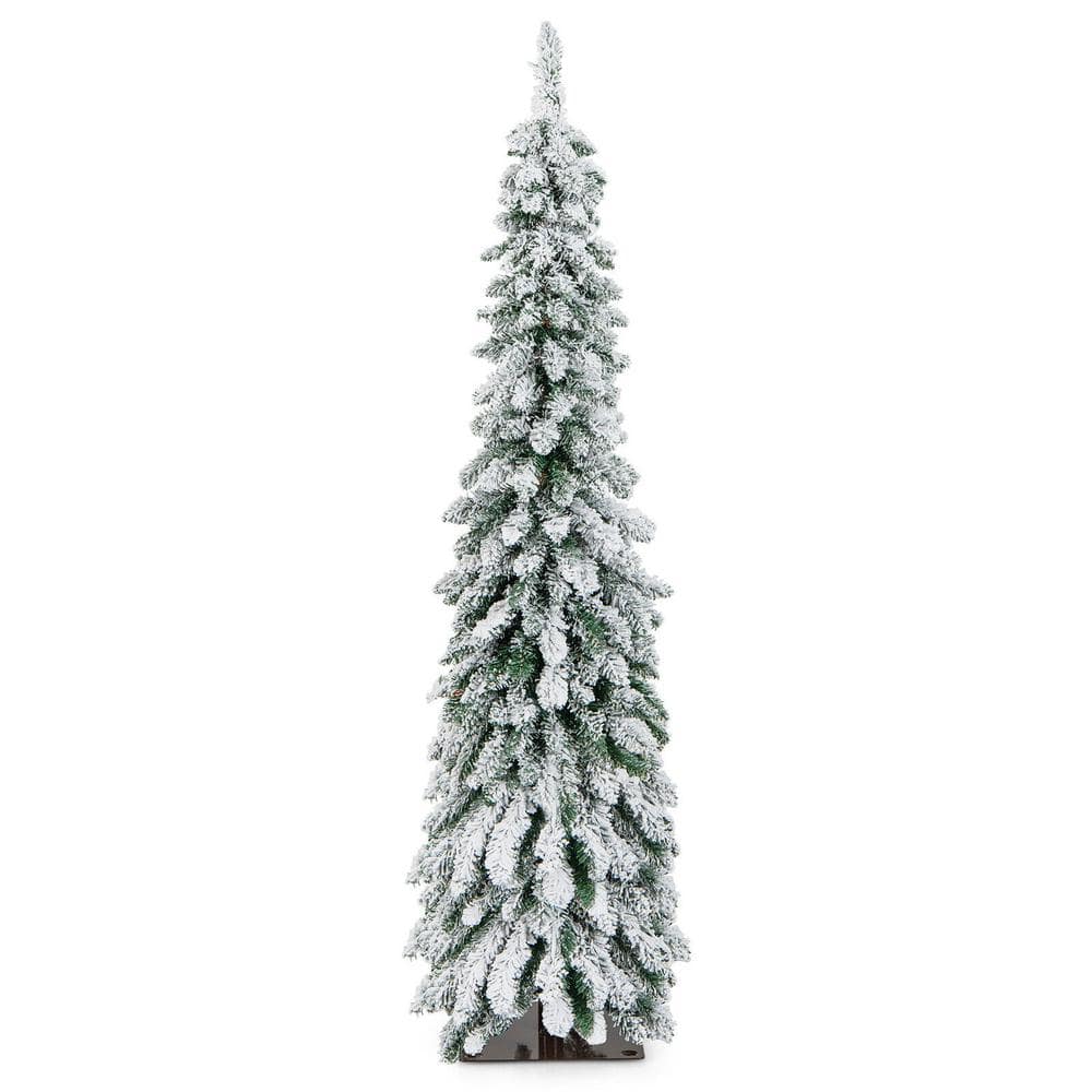 5 ft.Hinged Slim Prelit Snow-Flocked Artificial Xmas Christmas Tree with Stand - Hercitys