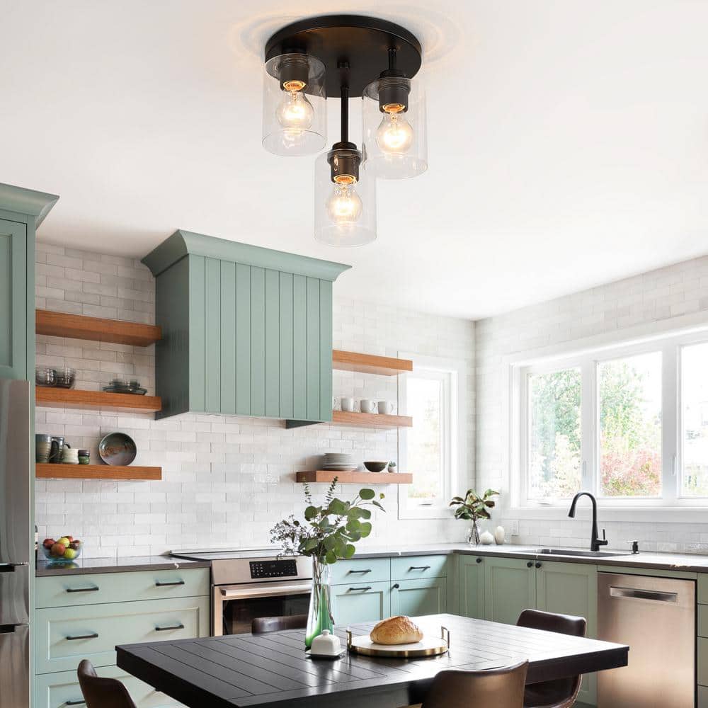 11 in. 3-Light Modern Black Flush Mount Ceiling Light with Clear Glass Shades - Hercitys