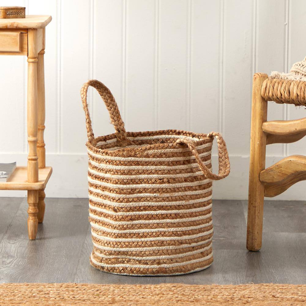 14 in. Beige Jute and Striped Natural Cotton Boho Chic Basket Planter Handwoven with Handles - Hercitys