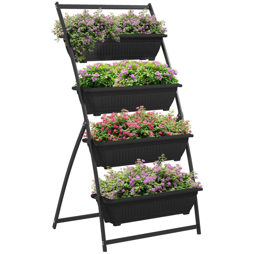 4-Tier Plastic Raised Garden Bed, 4 Outdoor Planter Boxes with Stand, Self Draining Design Elevated Garden, Black - Hercitys