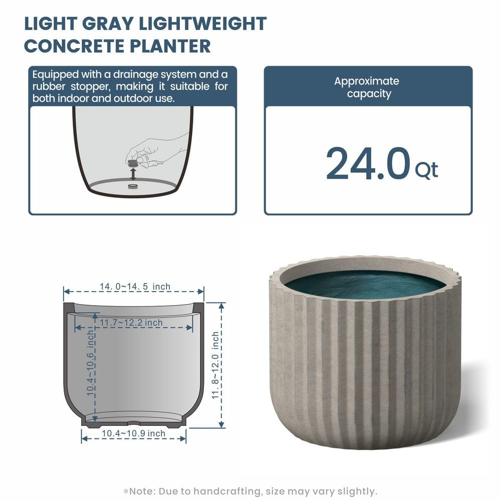 14.5 in. Large Light Gray(Premium Inner) Concrete Round Planter/Pot with Drainage Holes - Hercitys