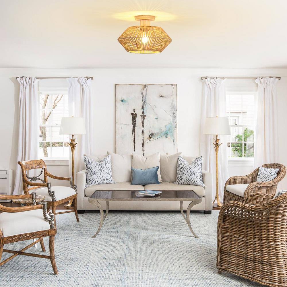 12.6 in. 1-Light Bohemian Woven Rattan Semi-Flush Mount Ceiling Light - Hercitys