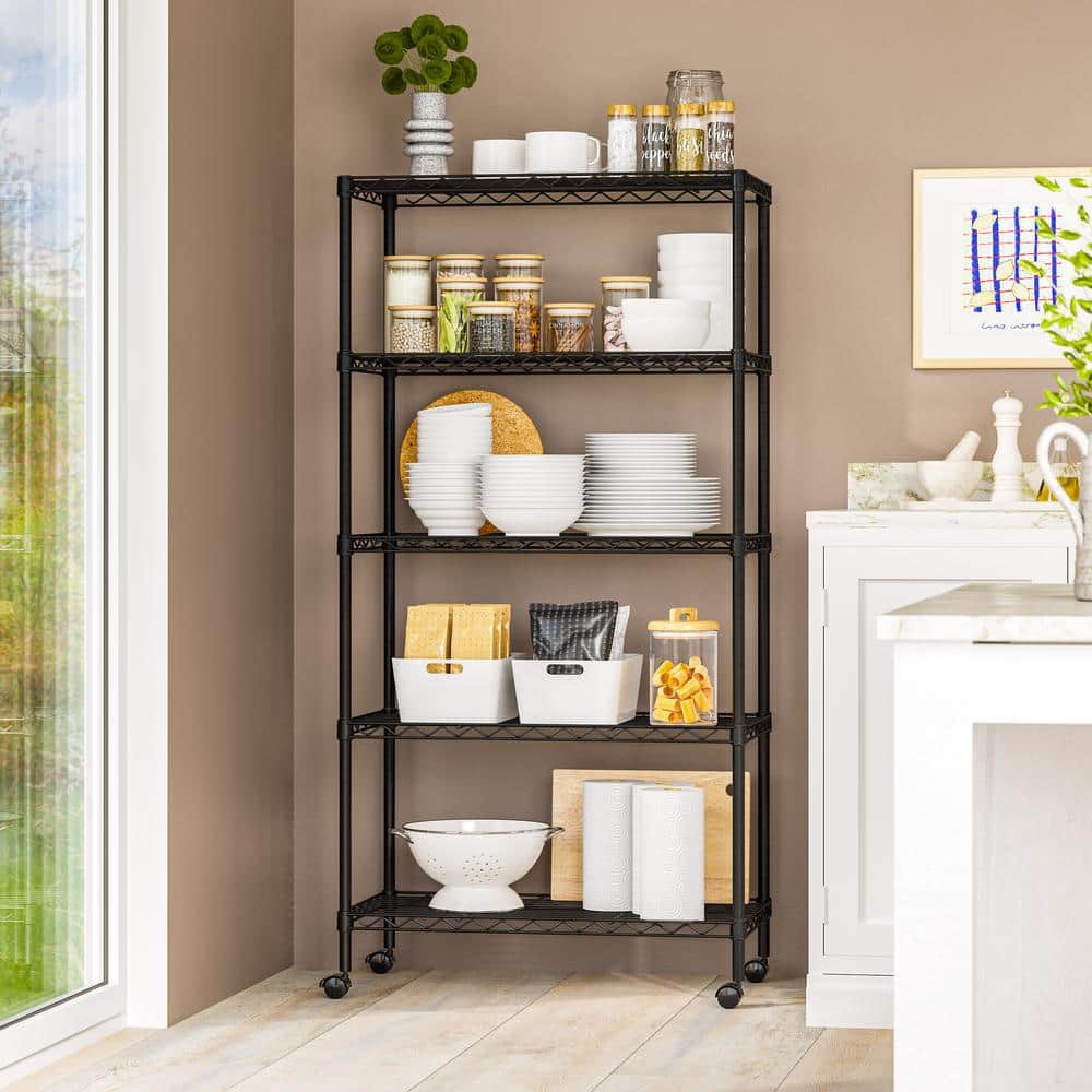 5-Tier Steel Wire Shelving System in Black (30 in. W x 14 in. D x 60 in. H) - Hercitys